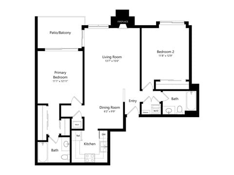 Floor plan for 2 beds, 2 baths, 1029 sqft